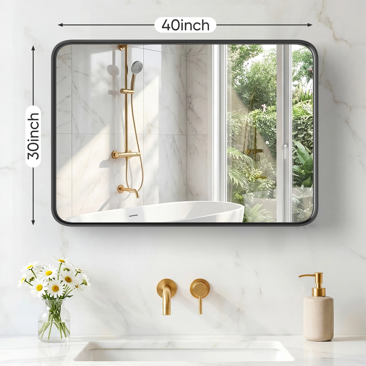 JHK 30x22 Inch Matte Metal Framed Bathroom Mirror for Wall Rounded Rectangle with Matte Brush Metal Framed Modern Wall Mount Vanity Mirror for Home Living Room