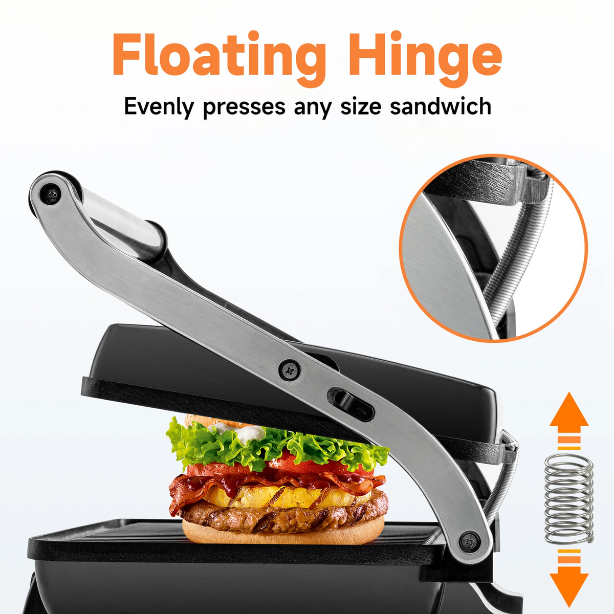 Stainless Steel Electric Panini Press Griddle Non-Stick Sandwich Maker with Adjustable Temperature Control, Black