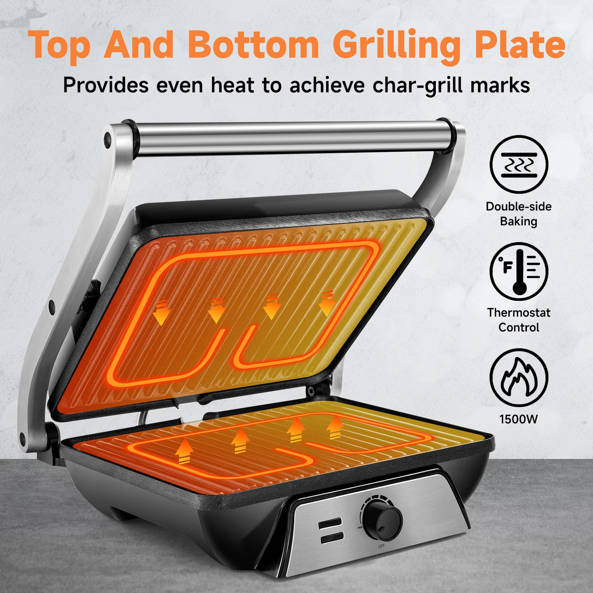 Stainless Steel Electric Panini Press Griddle Non-Stick Sandwich Maker with Adjustable Temperature Control, Black