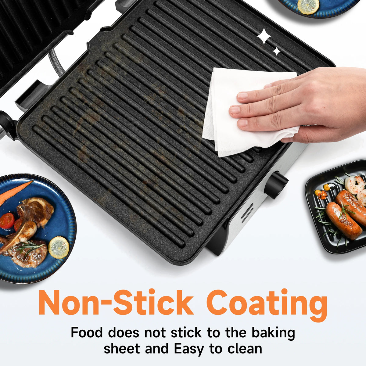 Stainless Steel Electric Panini Press Griddle Non-Stick Sandwich Maker with Adjustable Temperature Control, Black