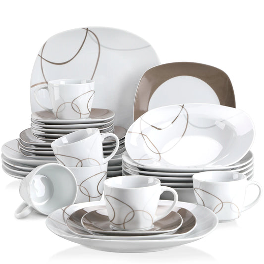 MALACASA Porcelain Ceramic Dinnerware Set With Plates Cups And Saucers