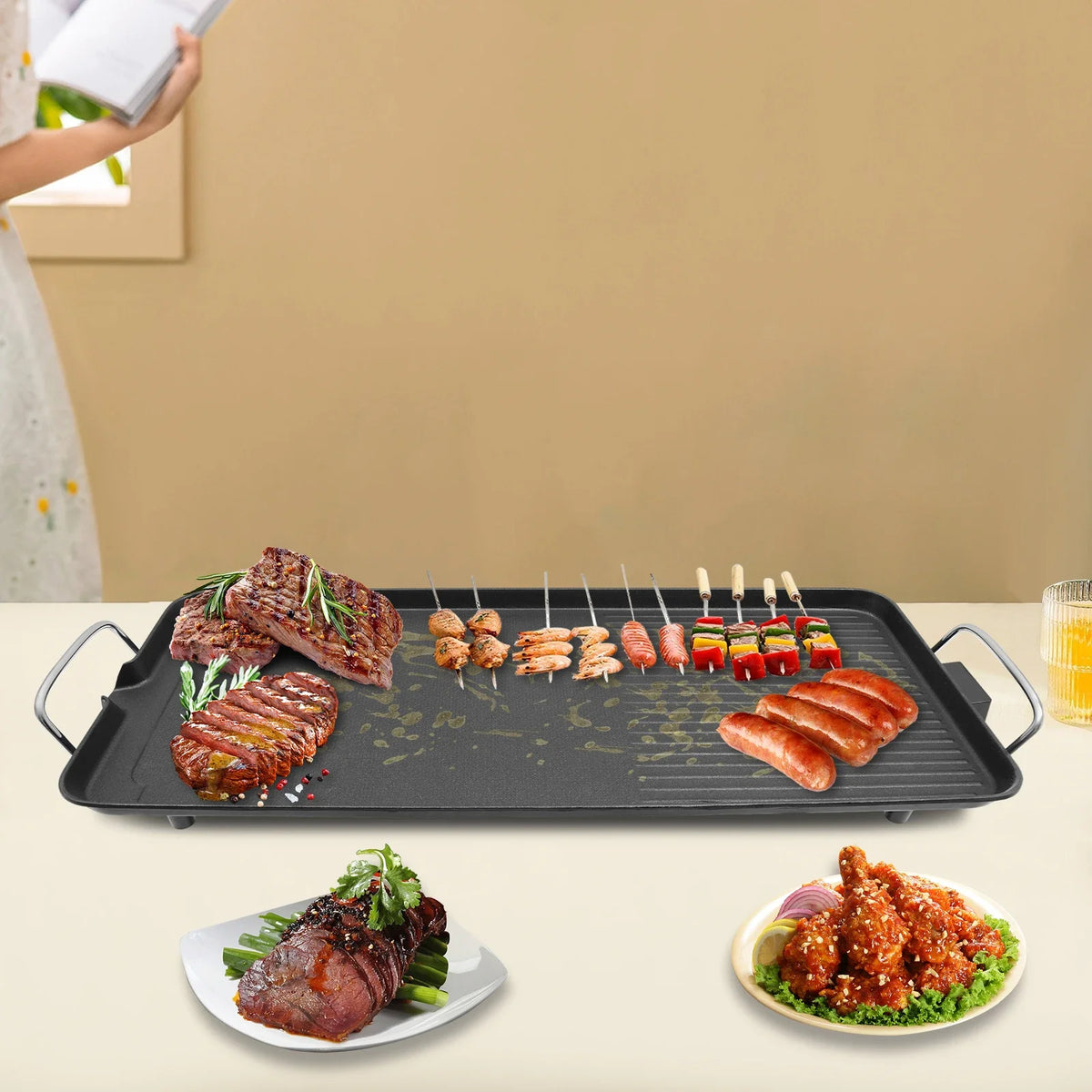 Electric BBQ Grill with Non-Stick Coating 26.77" Cooking Area Adjustable Temperature Oil-Catching Design for Indoor/Outdoor