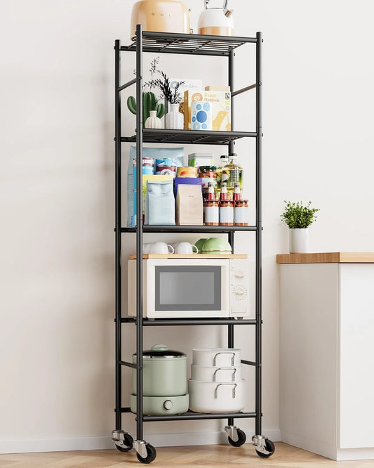 5-Tier Metal Shelving Unit with Wheels and Adjustable Leveling Feet, Heavy Duty Storage Rack Organizer for Garage Kitchen Pantry Closet, Black