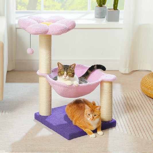 Flower Cat Tree with Sisal Scratching Post Large Hammock Soft Top Perch Small Cat Tower for Indoor Cute Cat Scratcher Kitten Toy