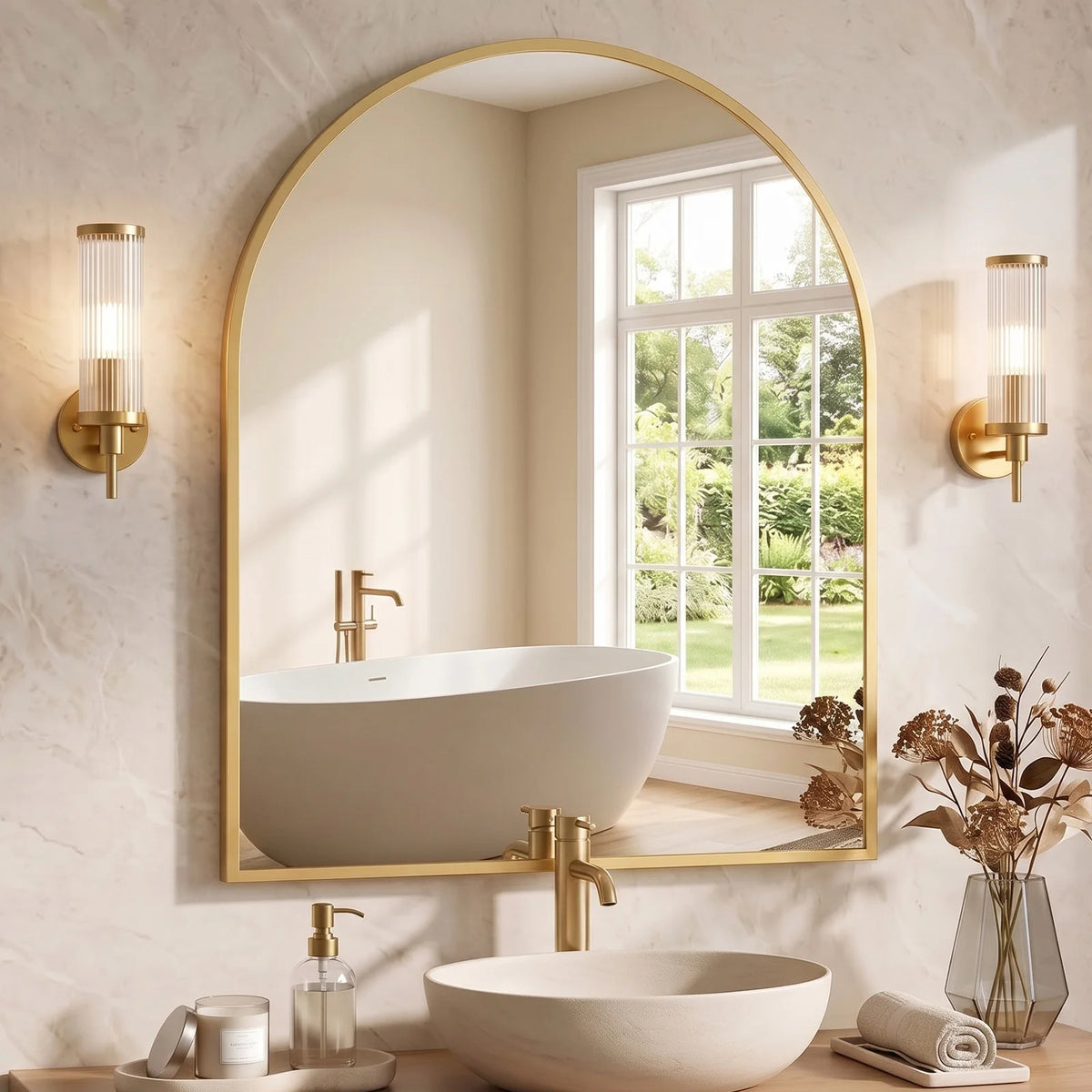 MCQ Arched Bathroom Mirror or Over Sink Wall Mounted Aluminum Alloy Frame Mirror Horizontal or Vertical Hanging Modern Wall Mount Vanity Mirror for Home