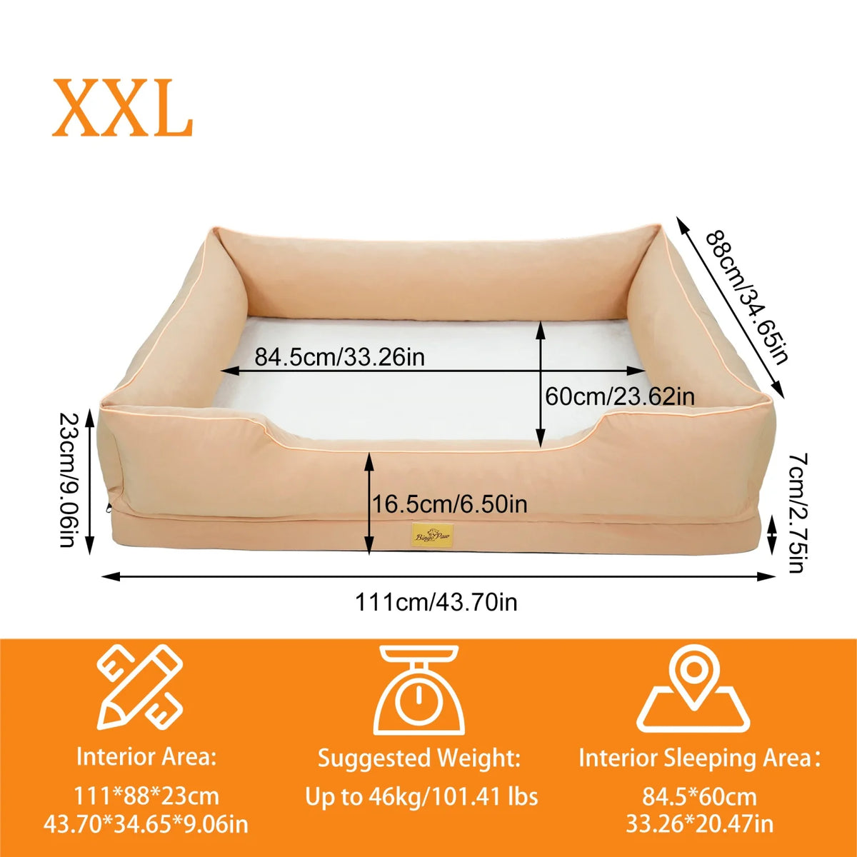 M-3XL Rectangular Dog Beds Orthopedic Dog Pet Sofa Couch Bed with Bolster Washable Pet Couch Lounger Sponge Base for Large Dogs Waterproof Lining Removable Cover