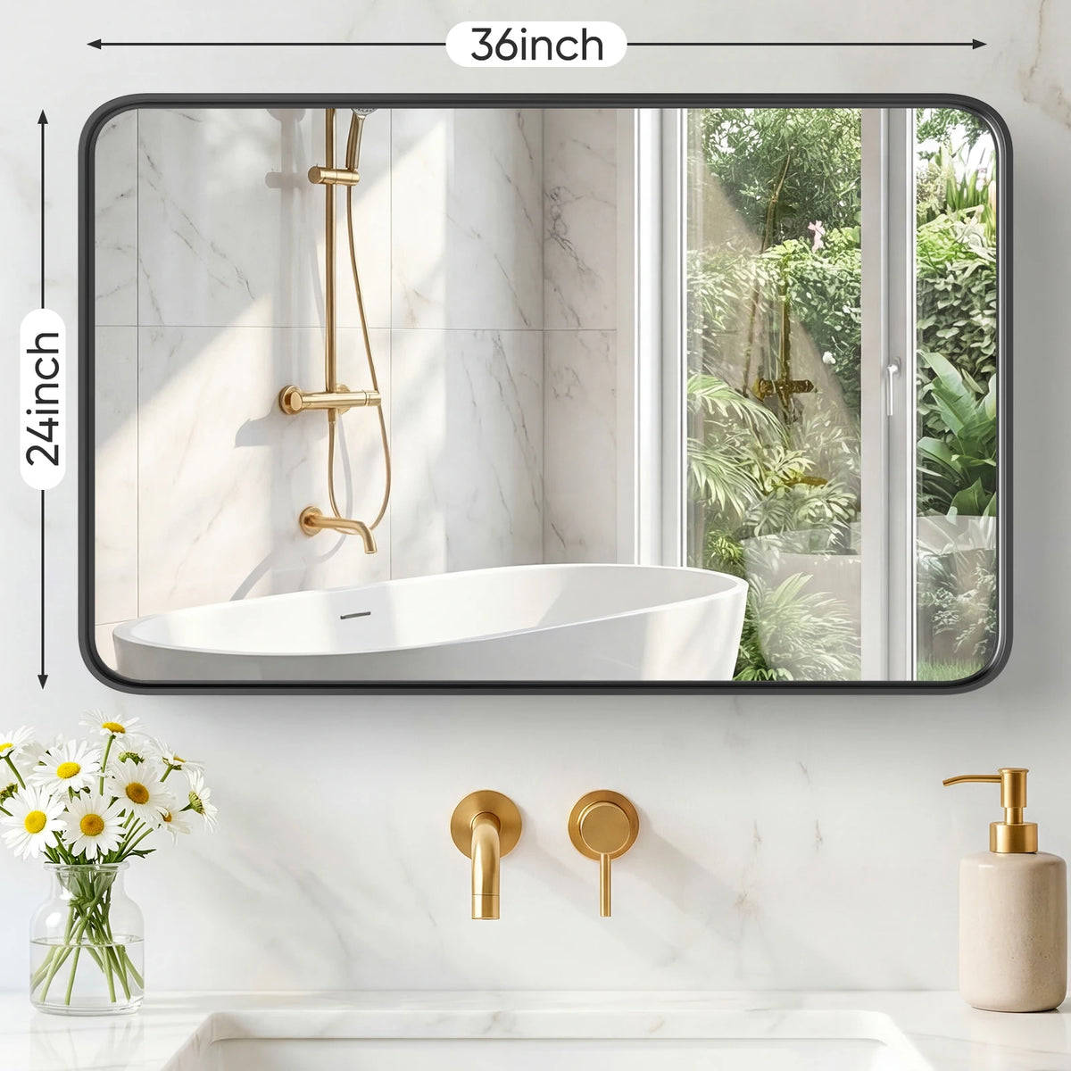 JHK 30x22 Inch Matte Metal Framed Bathroom Mirror for Wall  Rounded Rectangle with Matte Brush Metal Framed Modern Wall Mount Vanity Mirror for Home Living Room