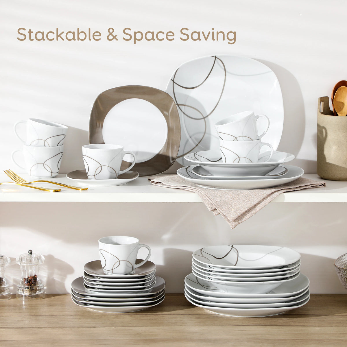 MALACASA Porcelain Ceramic Dinnerware Set With Plates Cups And Saucers