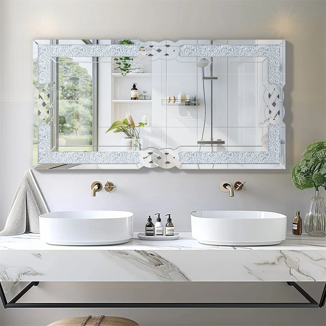 LUVODI Large Full Body Wall Mirror with Crushed Diamond Detailing Artistic Silver Finish for Home Decorative