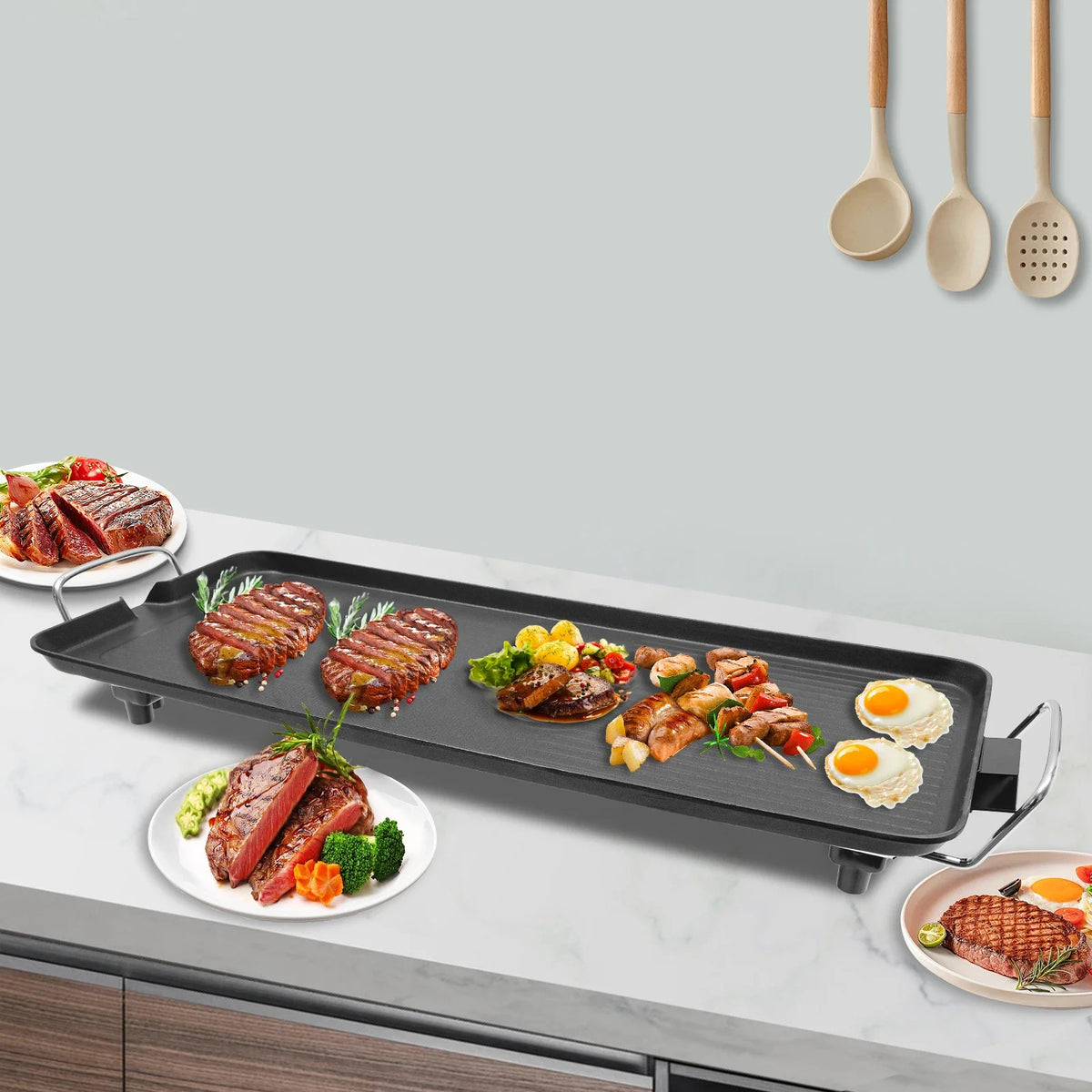 Electric BBQ Grill with Non-Stick Coating 26.77" Cooking Area Adjustable Temperature Oil-Catching Design for Indoor/Outdoor