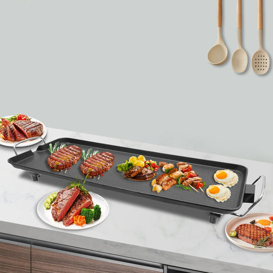 Electric BBQ Grill with Non-Stick Coating 26.77" Cooking Area Adjustable Temperature Oil-Catching Design for Indoor/Outdoor