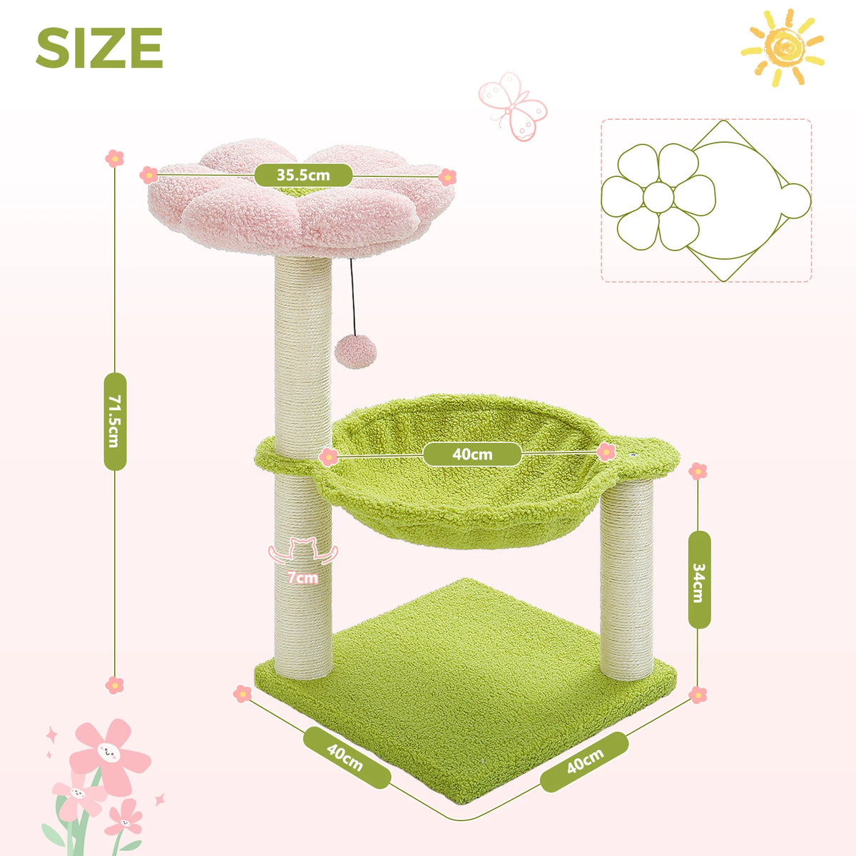Flower Cat Tree with Sisal Scratching Post Large Hammock Soft Top Perch Small Cat Tower for Indoor Cute Cat Scratcher Kitten Toy