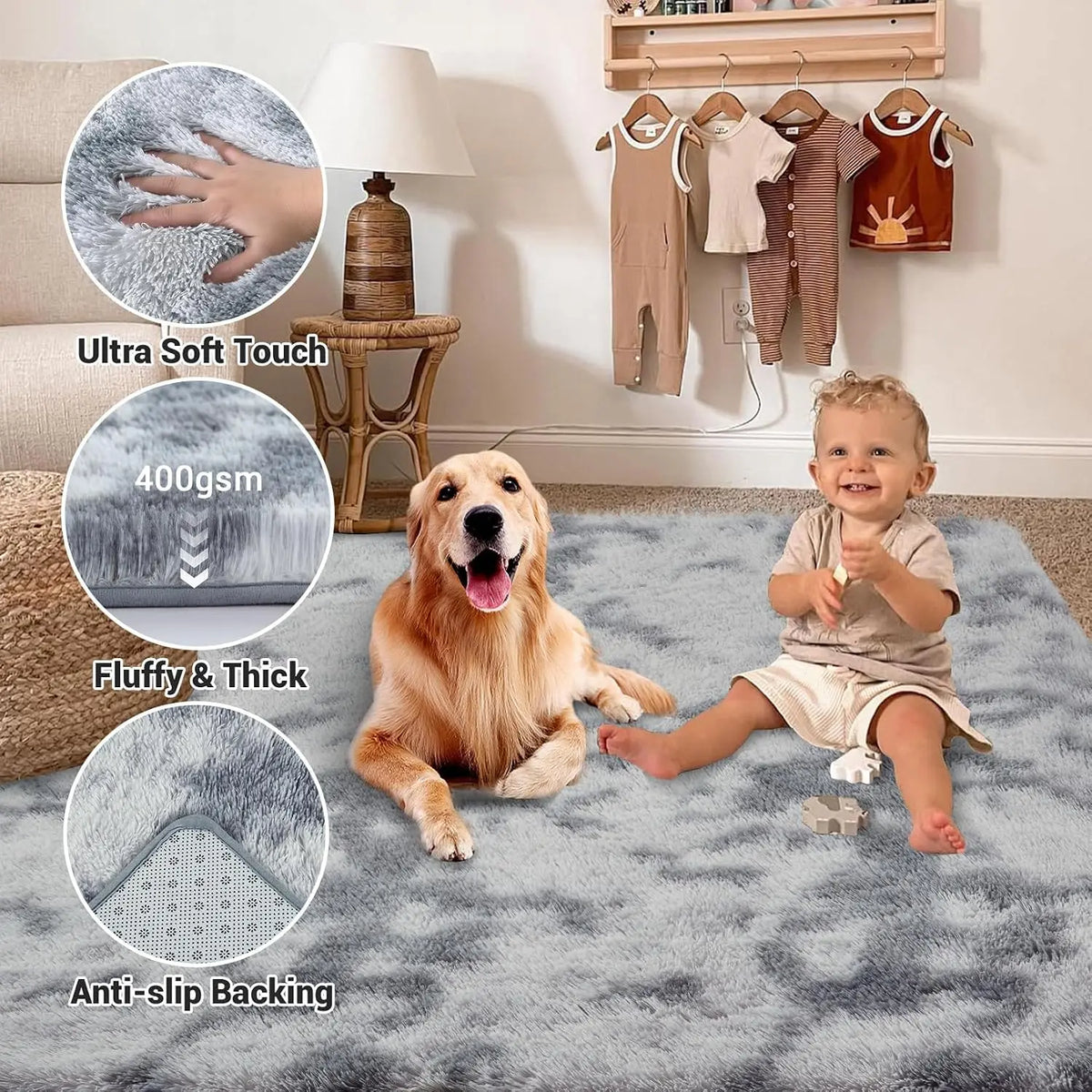 2'x6' Gray Area Plush for Bedroom Living Room Fluffy Rug Large Area Rug Shag Shaggy Carpet Soft Plush Furry Bedside Rug  Home Decoration