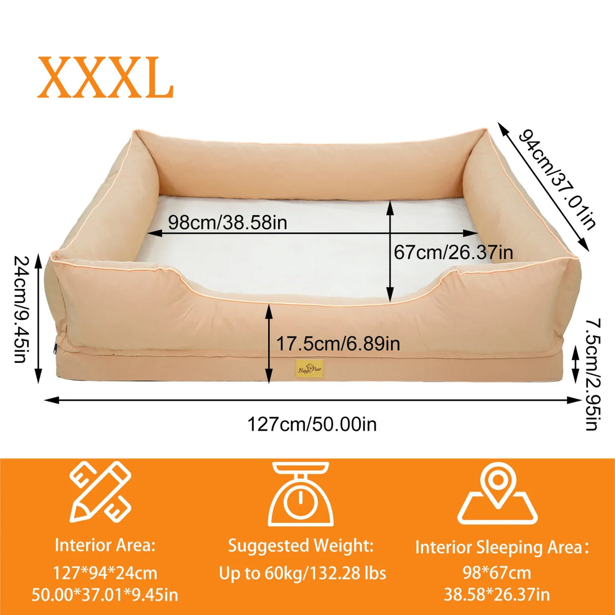 M-3XL Rectangular Dog Beds Orthopedic Dog Pet Sofa Couch Bed with Bolster Washable Pet Couch Lounger Sponge Base for Large Dogs Waterproof Lining Removable Cover