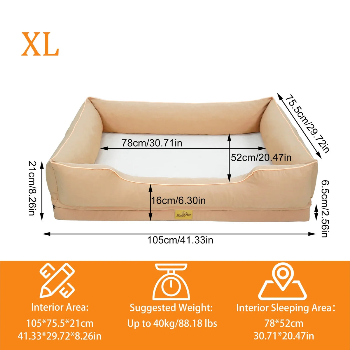 M-3XL Rectangular Dog Beds Orthopedic Dog Pet Sofa Couch Bed with Bolster Washable Pet Couch Lounger Sponge Base for Large Dogs Waterproof Lining Removable Cover
