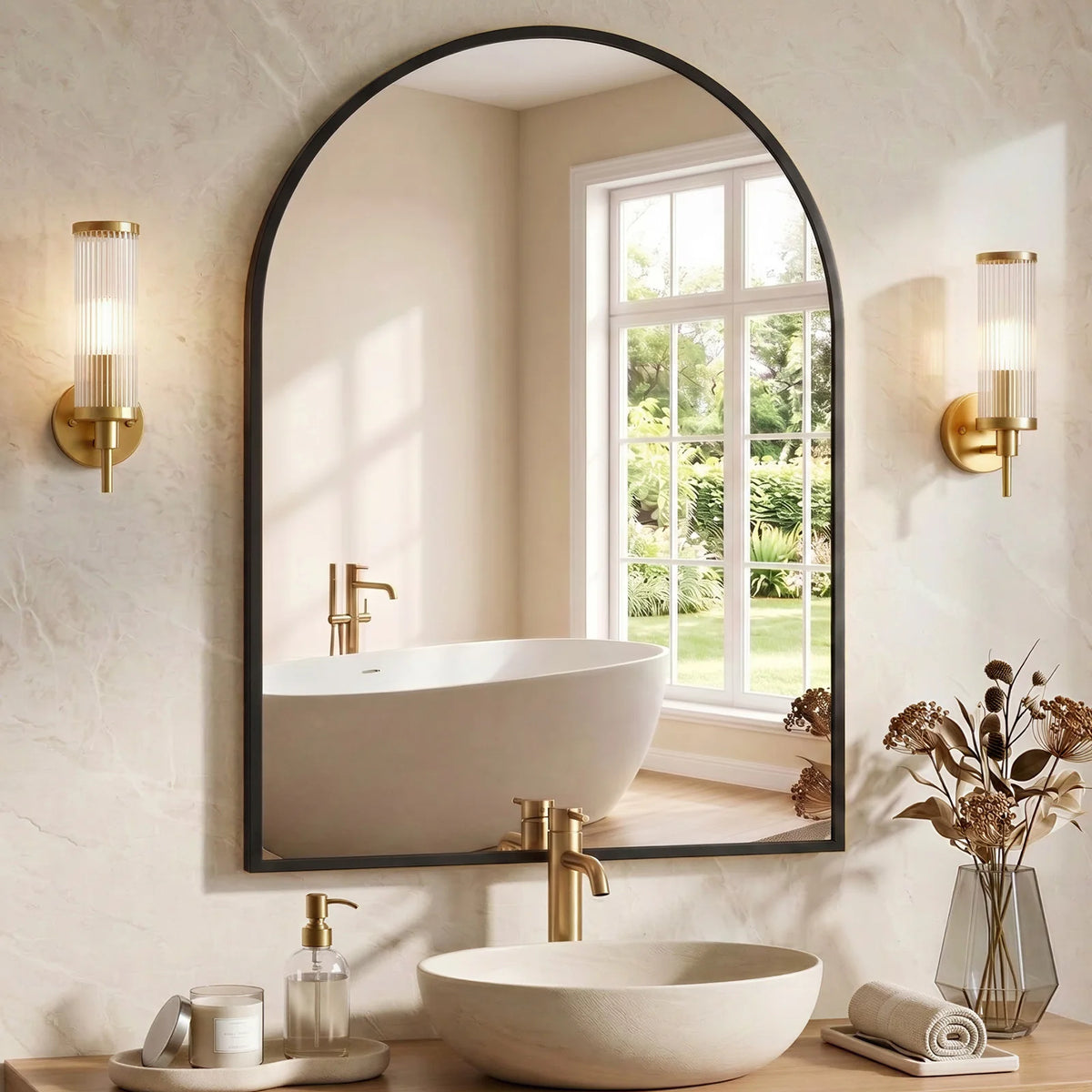 MCQ Arched Bathroom Mirror or Over Sink Wall Mounted Aluminum Alloy Frame Mirror Horizontal or Vertical Hanging Modern Wall Mount Vanity Mirror for Home