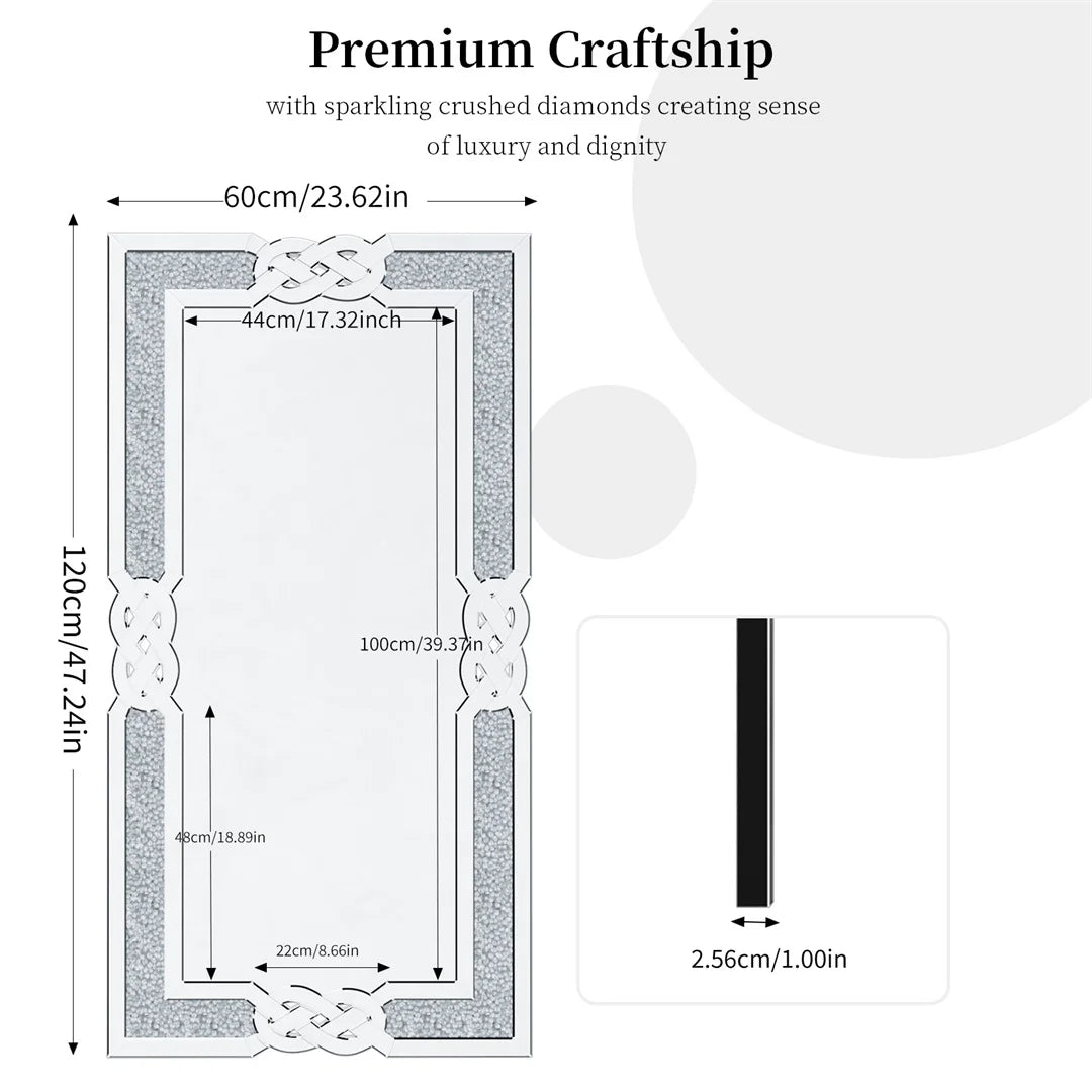 LUVODI Large Full Body Wall Mirror with Crushed Diamond Detailing Artistic Silver Finish for Home Decorative